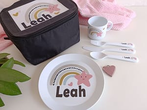 Personalised cooler lunch bag, kiddies/picnic plate, cutlery set & mug